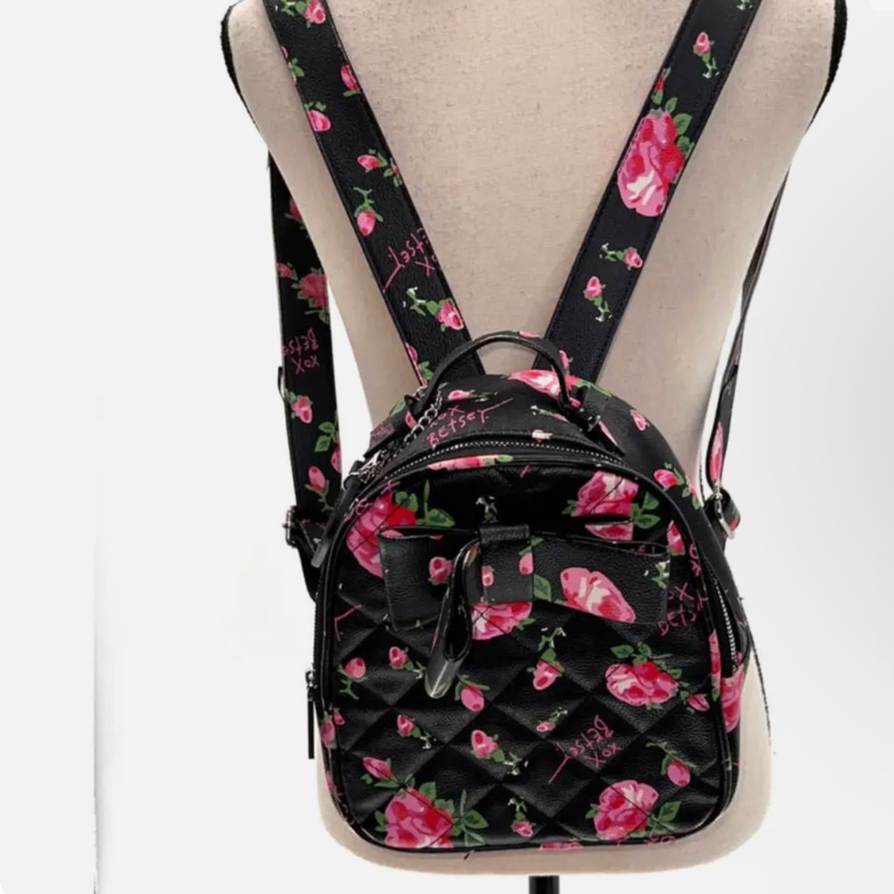 Betsy Johnson mini backpack, black with rose design